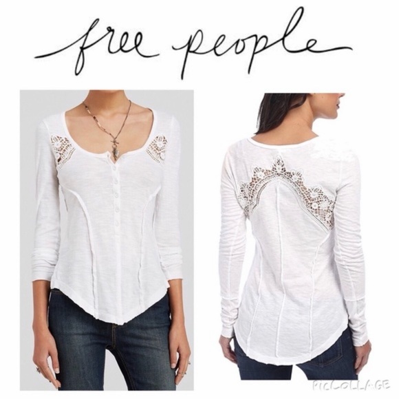 Free People White Lace Henley Long Sleeve Tee with Crochet Lace insets! Size Med